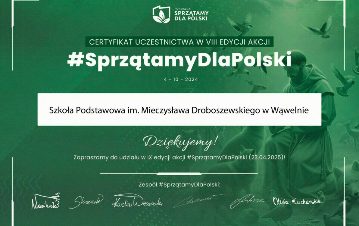 Zdjęcie do  Certyfikat uczestnictwa &bdquo;Sprzątamy dla Polski&rdquo;