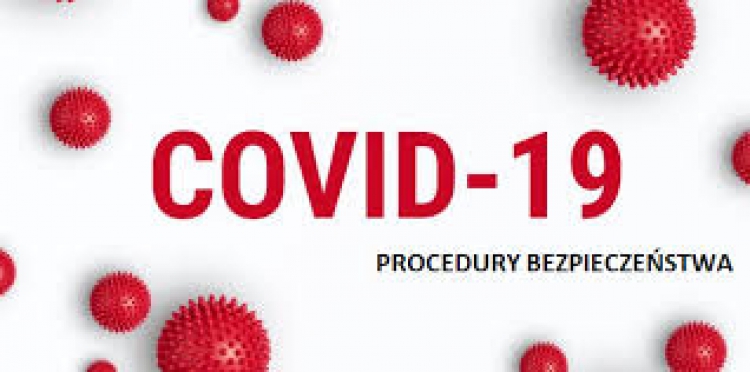 obrazek z czerwonymi kropkami różnych rozmiarów symbolizującymi wirusy i czerwonym napisem COVID 19